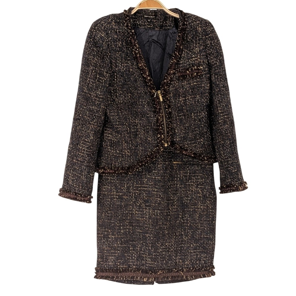 Pedro del Hierro Tweed Skirt Suit Set Zip Jacket Fringe Trim Sz.40 8/10